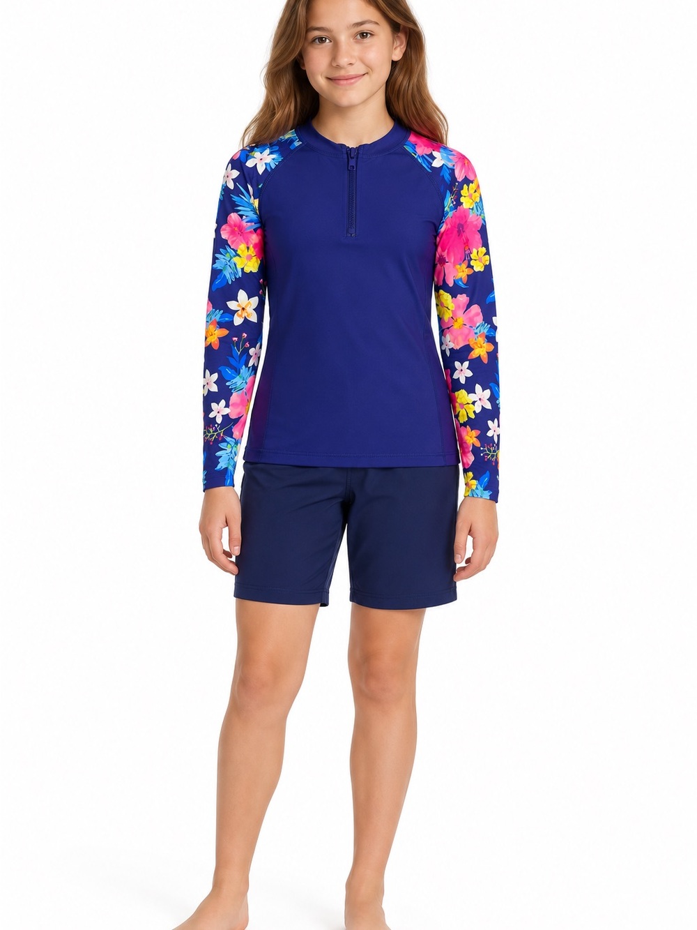 Girls’ Royal Blue Floral Rash Guard — Size 160 (Approx. US 14–16)